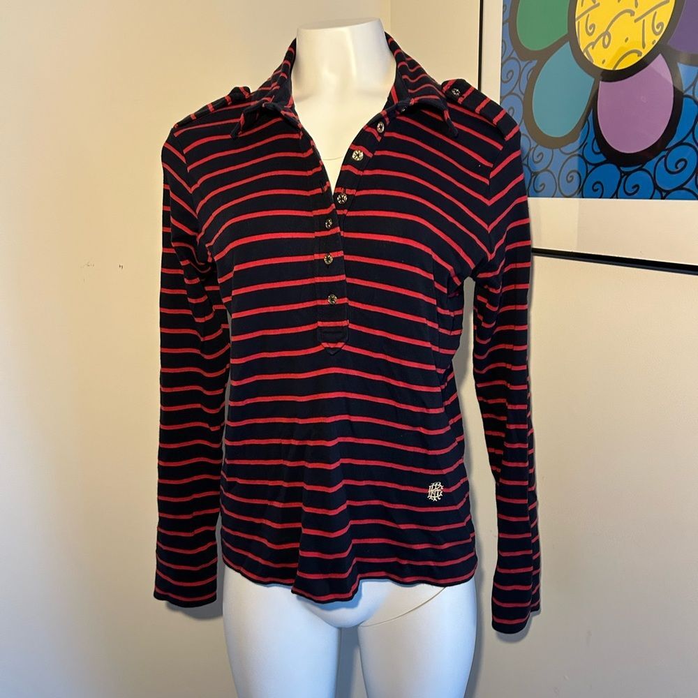 Tory Burch womens Striped Long Sleeve Shoulder Tab Shirt Size L